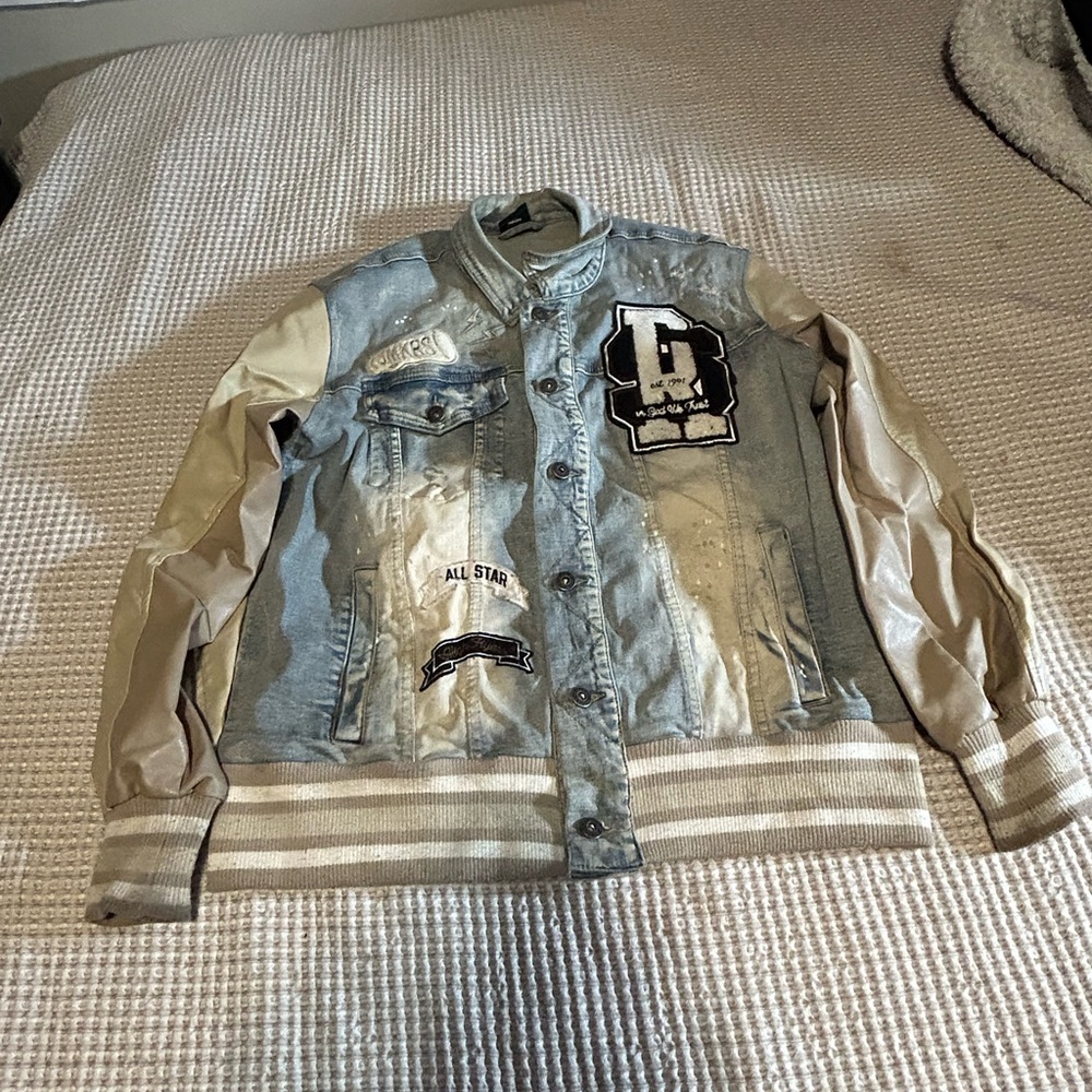 Men's Denim and Tan Varsity Jacket